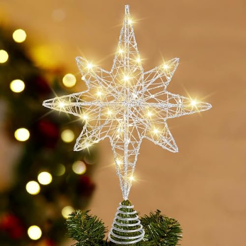 DTYDECLE Christmas Tree Topper Lighted, 13.5’’ Silver Glittered Xmas Hollow Star Treetop Toppers Ornaments with 20 LED Lights for Indoor Christmas Tree New Year Holiday Decorations