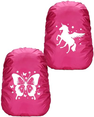 KGDUYC 2 Piezas Mochila Impermeable Funda Impermeable Satchel Funda Impermeable Protector de Lluvia con Sirena Rayas Reflectantes protección Mochila para niñas niños (Unicornio/Mariposa)