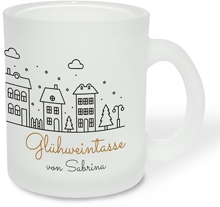True Statements Geschenk für Glühwein-Fans: Glastasse „Minimalistische Stadt“ mit Namen personalisiert - Geschenkidee Weihnachten zur Adventszeit & Weihnachtszeit - Glastasse satiniert, ca. 300ml