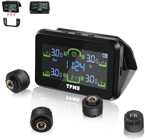 Liwogi Reifendruckkontrollsystem Werkzeuge mit abnehmbarer Halterung, kabelloser TPMS Solar-Reifendruckmonitor mit Alarm, Zeit-/Temperaturanzeige, 4 Radschalter-Modi für Wohnwagen, LKW, Wohnmobil
