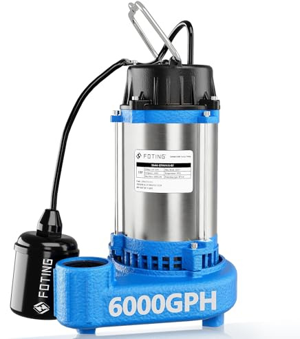 FOTING 1HP 6000 GPH Sump Pump Submersible Sewage/Effluent Pump - Heavy Duty Cast Iron - 115V Septic Pump for Sump Basin/Residential/Sewage/Basement, Sewage Pumps 1-1/2'' NPT