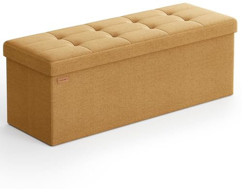 SONGMICS Sitzhocker mit Stauraum, klappbare Sitzbank, 38 x 110 x 38 cm Fußbank, Aufbewahrungsbox, bis 300 kg belastbar, für Wohnzimmer Schlafzimmer Flur, ingwergelb LSF077K04