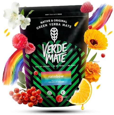 Verde Mate Green Rainbow 400g – Yerba Mate con frutta e fiori, gusto di lampone, arancia e gelsomino, energizzante naturale e rinfrescante