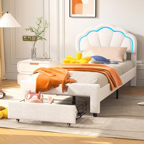 DAHUEN Kinderbett Polsterbett 90x200cm, Mädchen Bett mit LED, Bettgestell mit Prinzessin in Blumenform Kopfteil, Einzelbett mit Lattenrost, Weiß (90×200cm)