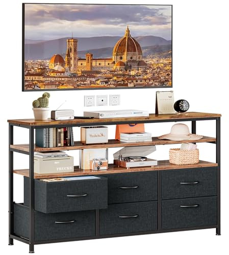 KZOBYD TV Cabinet with Fabric Drawers, TV Stand, 3 Shelves, TV Shelf, Lowboard with Open Compartments, for TVs up to 50 Inches, TV Cabinet for Living Room, Bedroom, Vintage Brown/Black