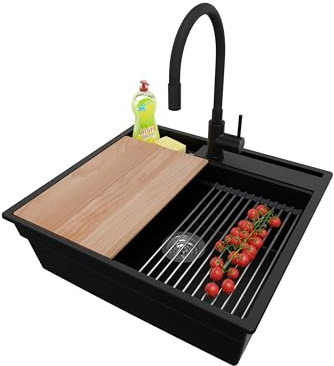 PRIMAGRAN Fregadero Granito al Mueble 60cm + Grifo, 58x53cm | Set: Grifo BW6020 + Kit de desagüe (sifón, válvula, rebosadero) + Oslo Pocket 1 Seno para Cocina, Negro