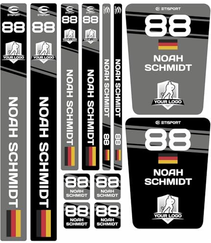 ETISPORT Personalisierte Aufkleber für Hockeyschläger & Trinkflaschen, wasserdichte Etiketten mit Name, Nummer, Flagge & Logo, Set für Hockeyspieler