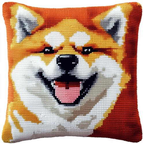 Kitquiver Tier Diy Knüpfkissen Set Cartoon-Akita-Hund Diy-Knüpfhäkel-Sets,Kissen,Nadelspitzen-Set Für Heimdekoration,Handarbeitsset Für Erwachsene Und Anfänger 17x17in