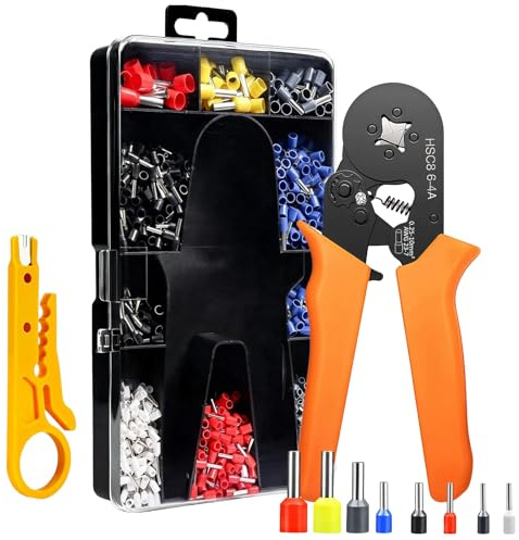 Professional Crimping Tool Kit 0.5-10mm² with 1200PCS Terminal Connector Sleeves, Self-Adjustable Ratchet Crimper for Wire End Terminal Connectors, Electrical Cable Crimping Pliers Set