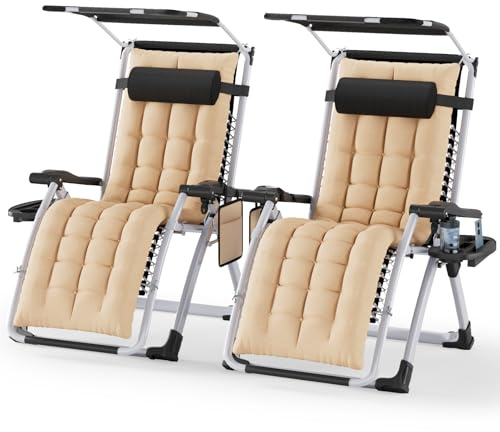 Soontrans 2pcs Tumbonas Jardin Exterior con Toldo, Cojín, Tumbona Plegable con Portavasos y Reposacabezas ExtraíBle,Respaldo Ajustable, Silla Reclinable para Playa y Jardín y Camping (Beige)