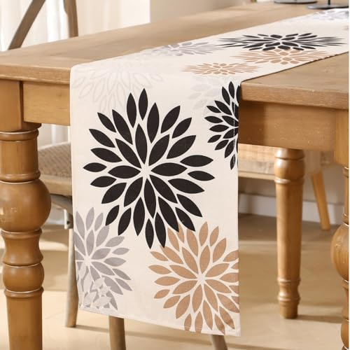 Tischläufer Blumen Braun Schwarz Dahlien Moderne Tischläufer Herbst Table Runner Küche Tisch Läufer Dekoration Tischdecke für Hochzeit Esszimmer Drinnen Urlaub Café Garten Party Dekor 40x180 cm