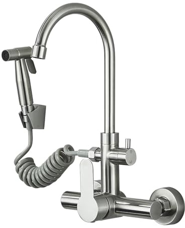 Grifo monomando para cocina de pared con pistola pulverizadora giratoria 360°