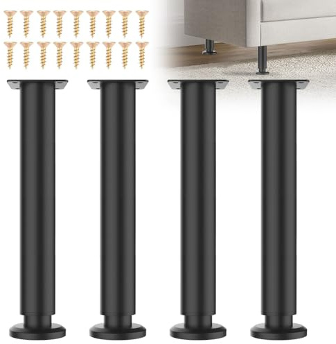 EUBSWA Pieds de Meuble Réglables 25-42cm Acier Inoxydable Noir Lot 4 | Supports pour lit, sommier, armoire, canapé. Base antidérapante, charge 300 kg. Vissage rapide. Anti-rayures