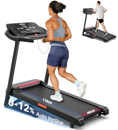THERUN Folding Treadmill with Incline, 12% Auto Incline Treadmill with 3HP Powerful Motor for Heavy People, Walking Pad for Home with Widen Running Belt & 12 Exercise Programs, 1-14KM/H