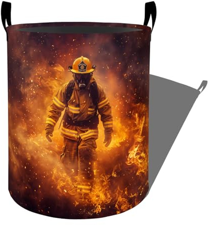 Brave Firefighter Walking Through Flames Laundry Basket with Handles, 19.7x15.7 Clothes Foldable Laundry Hamper Organizer for Dorm Nursery Bedroom Bathroom Decor, Toy Storage Bin for Kids