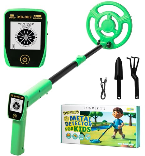 Smofrees Metal Detector Kids, Usb Rechargeable Kids Metal Detector with Simple Display, 24-34 Adjustable Metal Detectors for Children, 7.36 Plus Search Coil, Outdoor Toys for Kids 8-12, Green