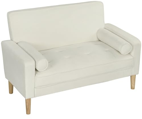 HOMCOM Sofá de 2 Plazas Tapizado en Terciopelo Sofá de Salón de 130 cm con Asiento Capitoné 2 Almohadas y Patas de Madera para Espacios Pequeños Dormitorio Sala de Estar Oficina Crema