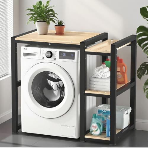 Meuble Machine Laver et Seche Linge, Étagère Machine À Laver À Tambour Situées Au-dessus Du Lave-linge avec Trois Étagères Latérales et Pieds Antidérapants(Black)