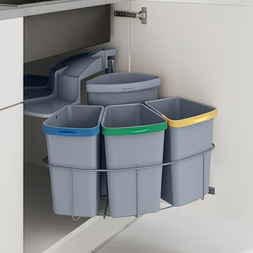[en.casa] Cubo de Basura Cocina Kollby Empotrable Grande Capacidad 3x6 L + 1x12 L Papelera con Compartimentos Bajo Fregadero Sistema de Separación Residuos Cómodo Plástico Acero - Gris
