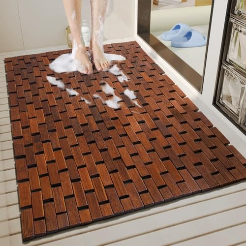ZIGTUEI Badematte Aus Holz, rutschfeste Holzböden, Bambusmatte für Badezimme, Fußpolster Aus Holzplattformlatten, Geeignet für Spa, Zuhause Oder Im Freien(Brown,60cm/23.6in)
