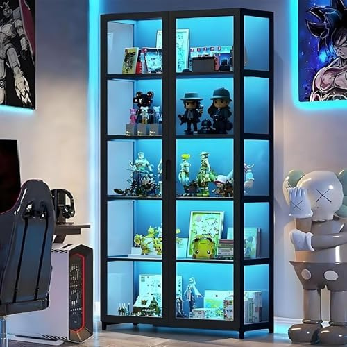 Display Cabinet with Acrylic Glass Door, 5 Tier Curio Display Case, Collectibles Toy Organizers Rack & Display Shelf, Kids Bookcase for Bedroom, Reading Nook, Toddler's Room (Black double door)