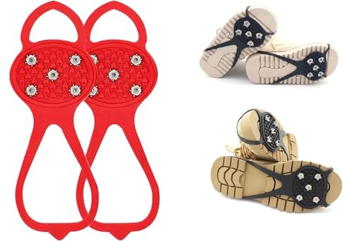 Eisstollen für Schneestiefel, Steigeisen mit 8 Spikes für sicheren Halt, Material: Silikon + Stahl(Red/Adult/5nail)