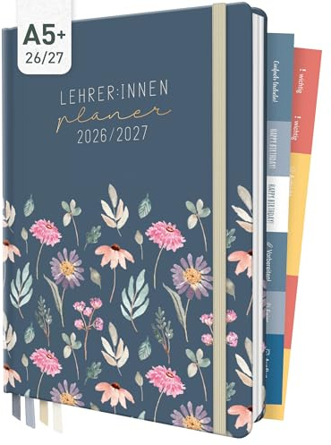 Häfft® Lehrer-Planer 2026/2027 im A5+ Format Flying Flowers | Praktischer Lehrerkalender & Schulplaner mit Hardcover, 4 Lesebändchen, Stickern, Notenlisten & vielem mehr!