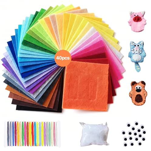 TFLPUO 40 Farben Filz Basteln Set, 30×30cm×1mm Bastel Filz Blätter Bastelfilz Filzstoff Polyester Filzplatten Bunt Felt Fabric zum DIY Basteln Handwerk Projekte