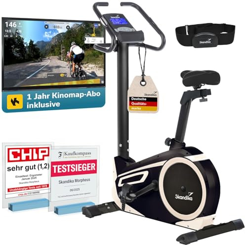 Skandika Ergometer Morpheus | Heimtrainer für Zuhause, Bundle mit Jahresabo für Kinomap App, 12 kg Schwungmassensystem, 32 Levels, 24 Programme, Pulsgurt, Tablethalterung | Indoor Fahrrad bis 150 kg