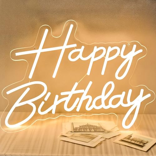 Happy Birthday Neonschild für Hintergrund, LED-Happy Birthday-Leuchtschild, USB-betrieben, dimmbares Neonlicht für Geburtstagsparty-Dekorationen, Wanddekoration, Warmweiß