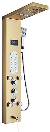 Colonne de Douche, Colonne de panneau de douche ， Robinet mitigeur à jets de massage ， Pluie de lumière bleue à grand écran et pommeau de douche cascade en acier inoxydable(Brushed Gold 8025)