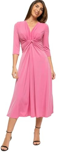 Vestido Midi Mujer de Licra Fría - Escote en Pico con Nudo Drapeado y Manga Francesa - Ideal para Eventos (FR/ES, Letras, XL, Regular, Regular, Rosa)
