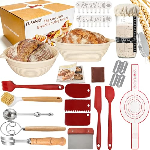 Fusanne Sauerteig Starter Set, Brot backen Zubehör 24 teilig, Gärkorb Brot Rund 23cm und Oval 25cm, Brotkorb zum Backen, Brotgärkorb mit 650ml Glas, Silikon für Anfänger und Profi Bäcker, BPA frei
