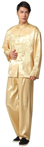 DUBTEDHOU Tai-Chi-Anzug, Herren-Satin-Kung-Fu-Anzug, Stickerei, Drachen-Tai-Chi-Uniform, Mehrfarbig, mehrere Größen(Gold,L)
