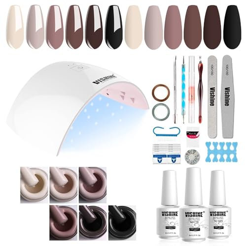 Vishine Kit Nail Art 6 Stück semipermanenter Gel-Nagellack und Unterlack Top Base Coats & Matt Coat 36W LED Lampe Nail Art Werkzeuge Nail Art Dekoration 33 Accessoires Kit in One #012
