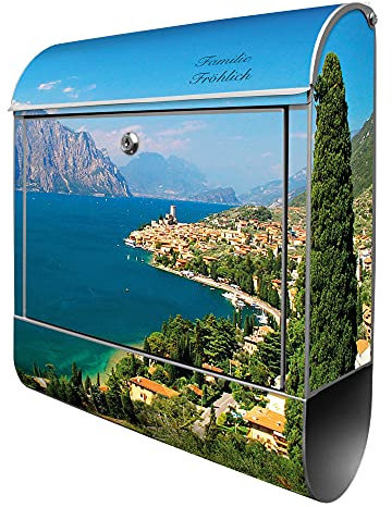 banjado® Design Briefkasten personalisiert Gardasee 38,5x46,5x13cm & 2 Schlüssel - Briefkasten Stahl Silber Zeitungsfach pulverbeschichtet - Postkasten A4 Einwurf inkl. Montagematerial