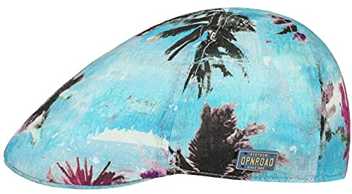 Stetson Bluemont Flatcap Klassische Form Leinencap Palmenmotiv Unisex Made in EU Frühjahr Sommer hellblau S (54-55 cm)