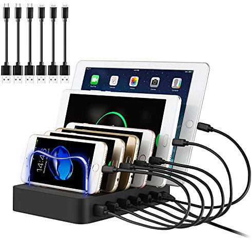 PRITEK Smart IC USB Charger with Cables for Cellphones, Tablets, Earphones and More - 6 Ports Multi Device Charger Station (Black) [Original: Organizer; Updated: Docking Station]