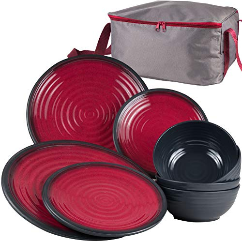 Melamin Camping Geschirr Set Rot 13 Teile mit Aufbewahrungstasche - 4 Personen Essgeschirr Campinggeschirr Picknick für Camping Teller Schüssel Schale Tafelgeschirr mit Reißverschluß Tasche