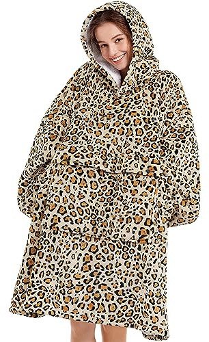 Blanket Hoodie Women & Men,Premium Sherpa Fleece Oversized Hoodie Blanket with Giant Pocket for Women,Super Cozy and Big Wearable Blanket Hoodie Gift Leopard