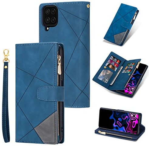 UEEBAI Coque pour Samsung Galaxy A22 5G, Etui en Cuir PU Portefeuille Rétro Antichoc Flip Case Anti-Choc Housse avec Fentes de Cartes Fonction Support, Fermeture Magnétique - Diamant Bleu