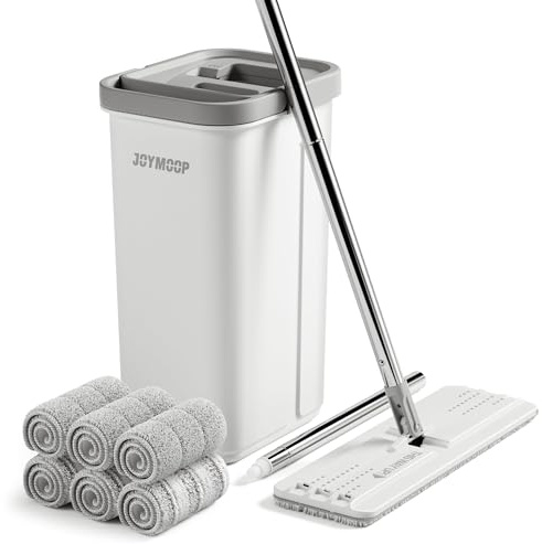 JOYMOOP Wischmopp und Eimer mit Auswringer-Set, weißes flaches Squeeze-Mopp-Eimer-Set für Bodenreinigung, Wandreiniger mit langem Griff, Hartholzbodenwischer, Flachkopf-Mopps, 6 Mikrofasertücher