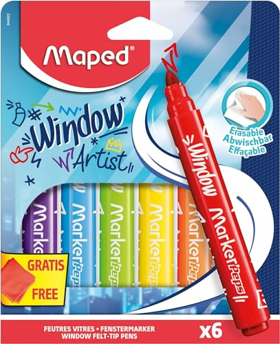 Maped Marker'Peps - Pennarelli per finestre, punta larga 5 mm e inchiostro cancellabile ad acqua, 6 pennarelli assortiti con superfici vetrate + 1 panno in microfibra, 20 x 20 cm