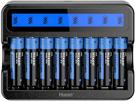 Hixon Lot de 8 piles AA rechargeables au lithium AA 1,5 V 3500 mWh avec 8 emplacements pour écran LCD intelligent, rechargeables et durables