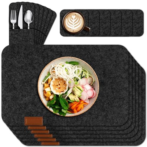 Tischset Platzset, 18er Set Tischsets Abwaschbar Platzsets: 6 Tischsets, 6 Glasuntersetzer, 6 Bestecktaschen, Hitzebeständig rutschfest Platzdeckchen, Eckige Platzdeckchen, Telleruntersetzer, Filzset