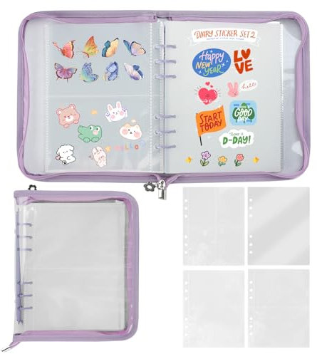 Sticker Storage Organizer Binder A5 Sticker Collecting Book Zipper Album for Adult with Blank Reusable Release Paper and Pocket Pages