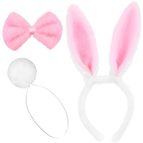 LIURFLNC Hasenohren Kostüm, Bunny ears Frauen mit Hasenohren Hasenschwanz und Fliege, Plüsch Hasen Kostüm, Hasenohren Haarreif Damen für Ostern Karneval Halloween Cosplay Geburtstags Party