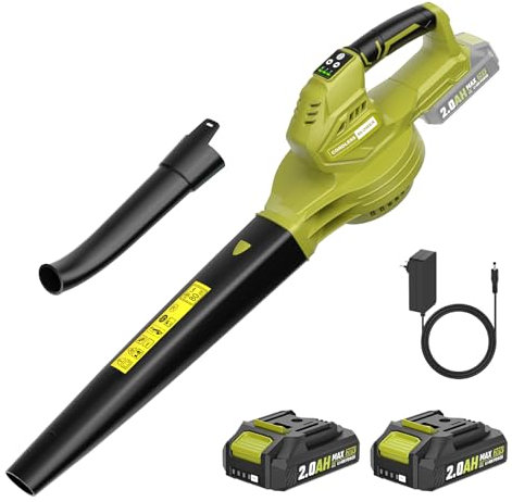 Soffiatore a Batteria con 2×2.0Ah,20V Soffiatore Foglie Elettrico, 3 velocità,Max velocità di15000RPM,max regolabile240km/h Caricabatterie,per foglie giardino, trucioli legno