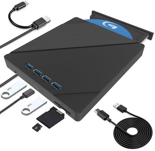 TOMVYTER Lecteur Blu Ray Externe, Emplacement pour Carte SD/TF Plug,USB3.0 Type -C 7 en 1 Lecteur Blu-Ray Externe,Graveur CD Externe Portable avec and Play Lecteur DVD pour Windows/Linux/Laptop/PC