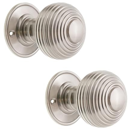 Infinity Decor Pair of Solid Brass Beehive Mortice Door Knobs in Satin Nickel Finish 60mm Round Pull Passage Handles Set - Ideal for Internal and External Doors